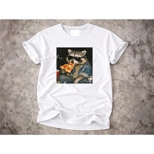 Raccoon Eating Pizza - Funny Meme Shirt White